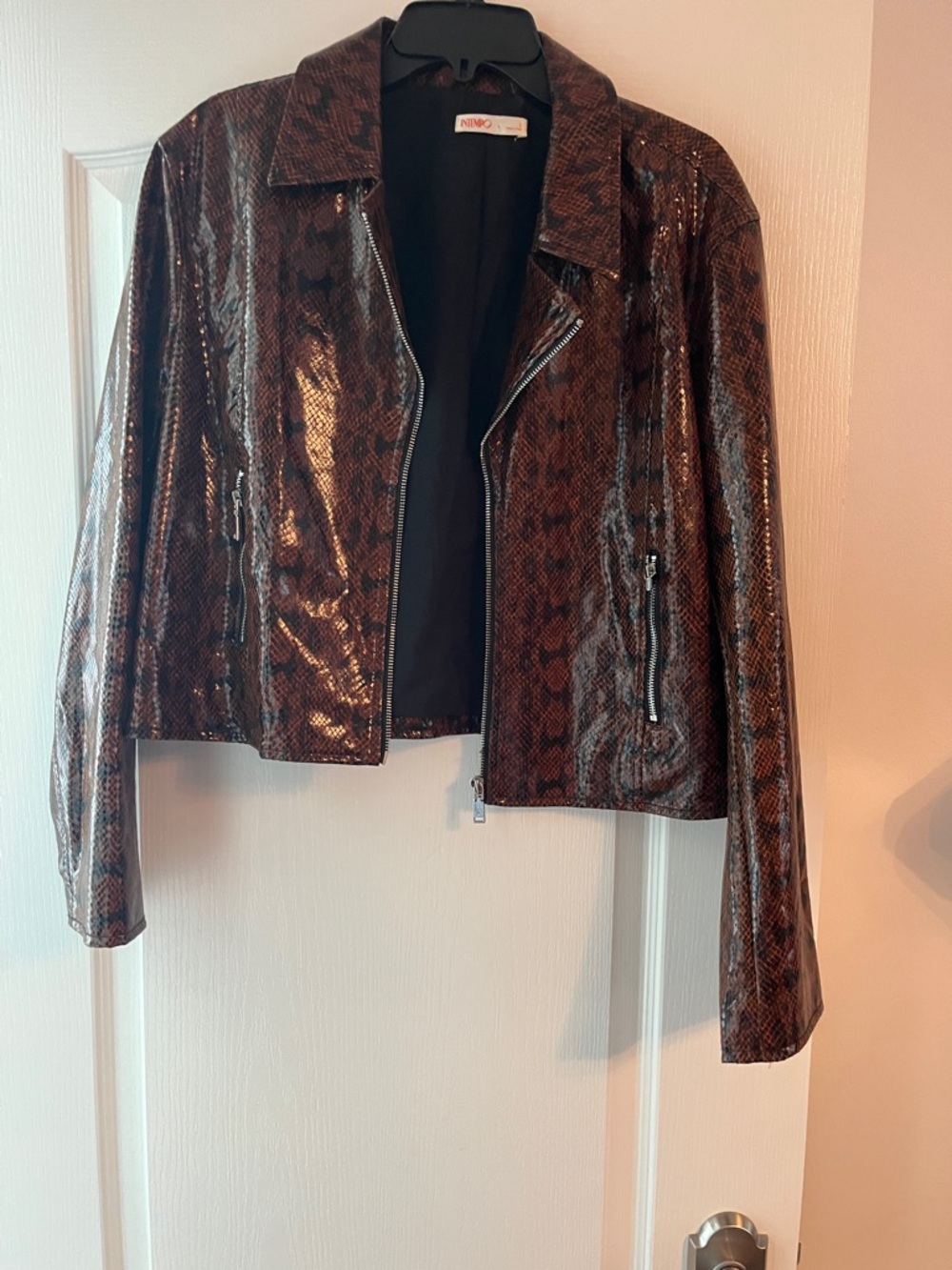 NINO Brown Snake-Print Cropped Faux Leather Moto Jacket